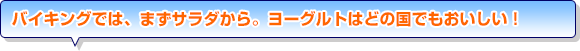 バイキングでは、まずサラダから。ヨーグルトはどの国でもおいしい！